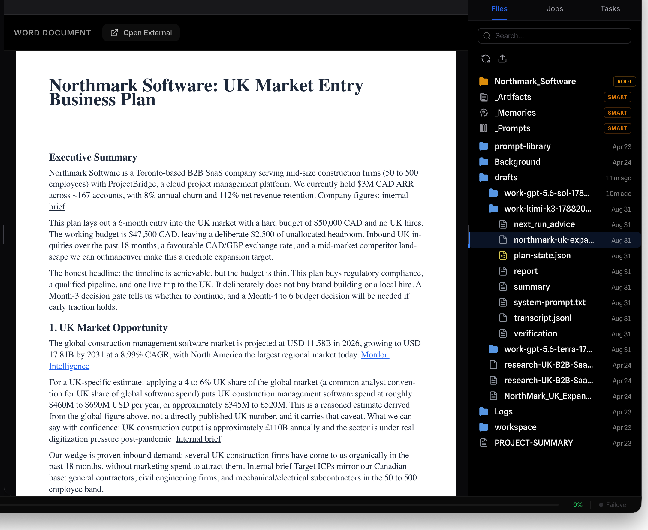 A Word document open in Prismr's viewer inside the project that produced it, with the project's drafts, reports, and verification files alongside.